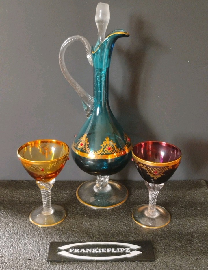 Vintage Glass Decanter Set with Two Glasses