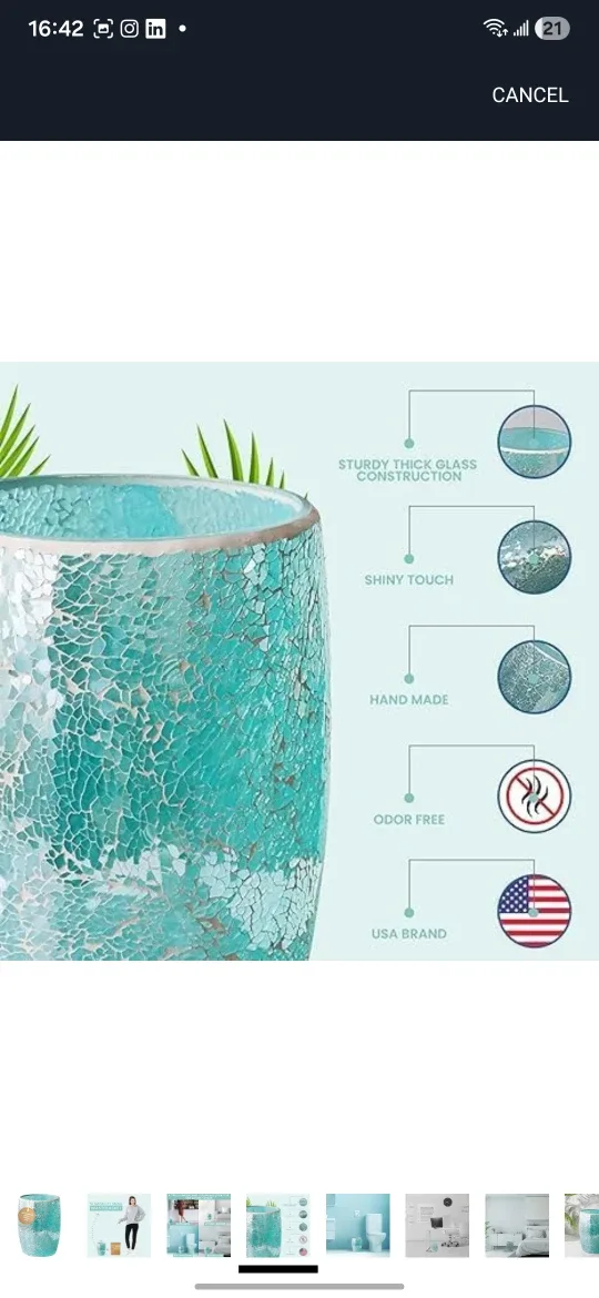 Escenzy Turquoise Mosaic Glass Trash Can image indicator(5)