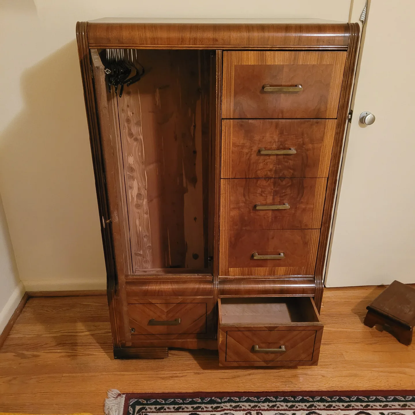 Antique Waterfall Bedroom Set - Armoire, Dresser, Nightstand thumbnail