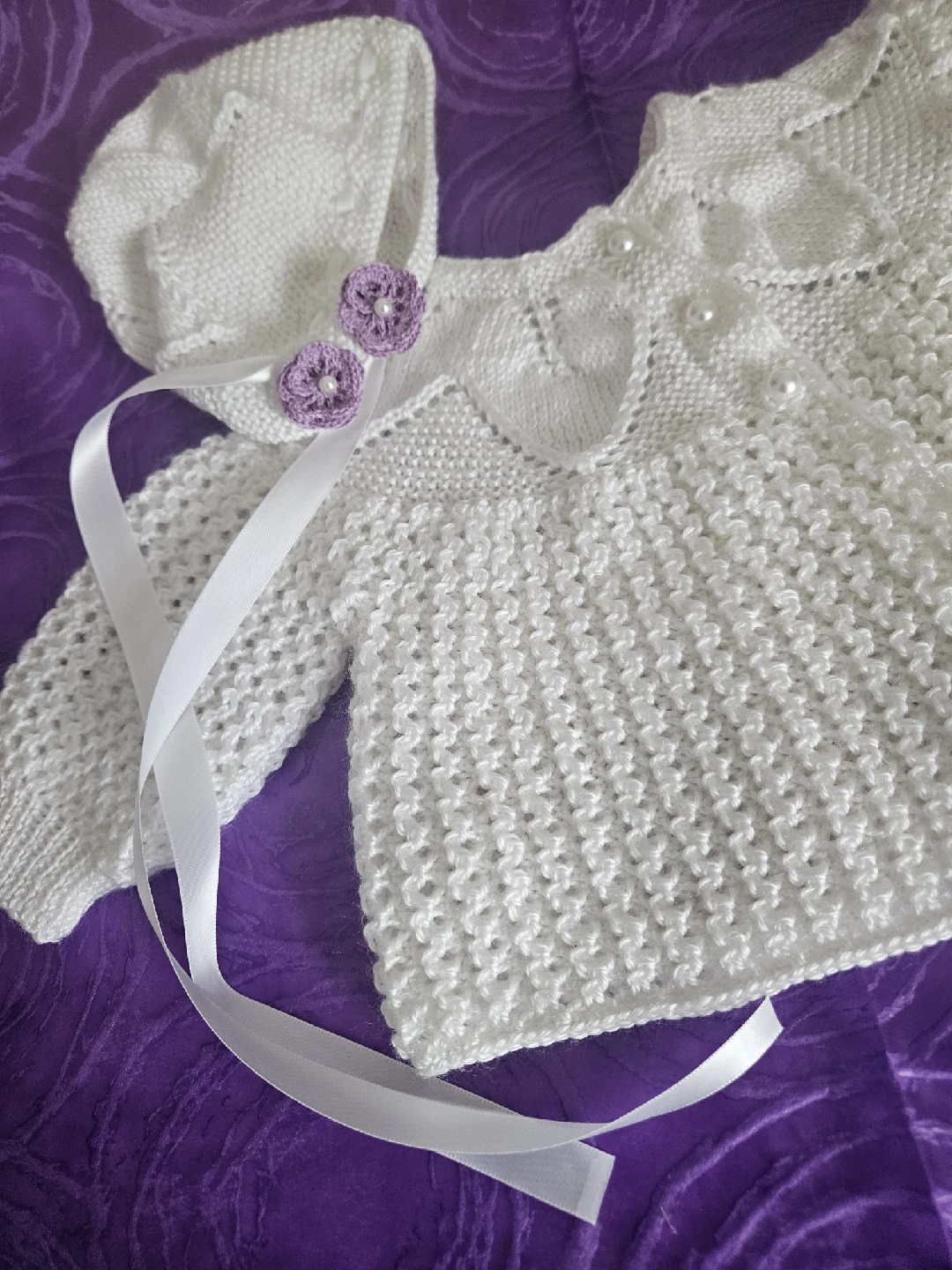 Hand-Knitted White Baby Sweater & Hat Set - photo 2