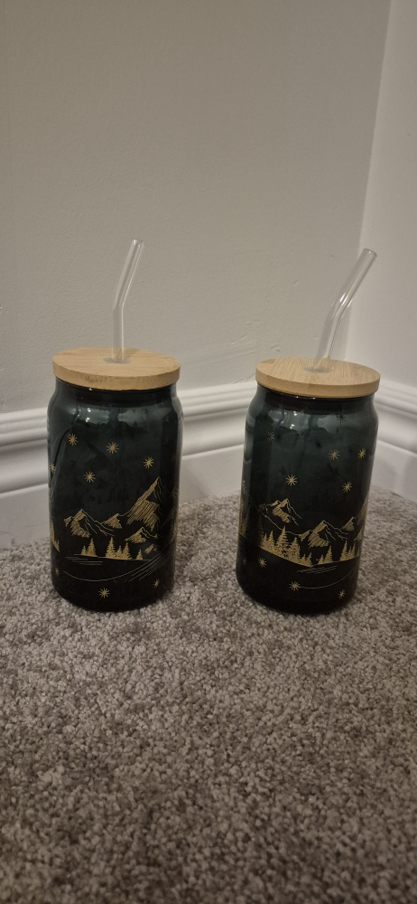 Holiday Glass Tumblers with Glass Straw & Wooden Lid (Set of 2)