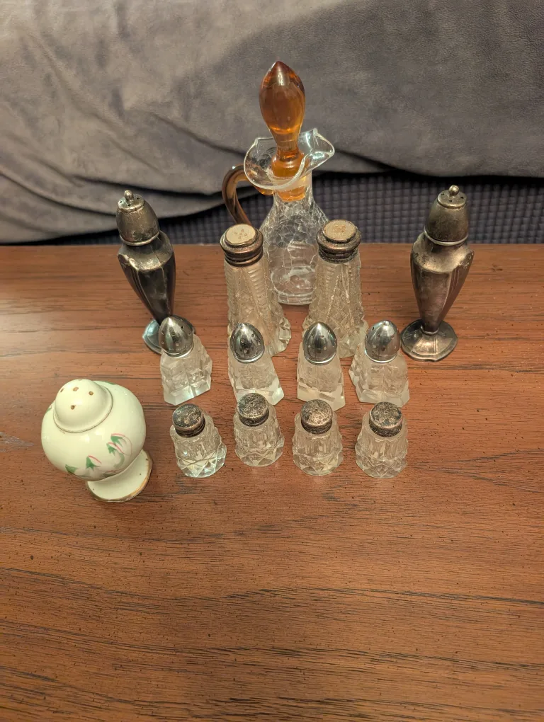 antique set of seasoning holders and other items