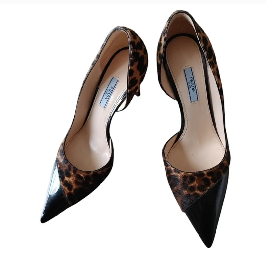 Prada Pony Hair Leopard Print Patent Leather Heels thumbnail