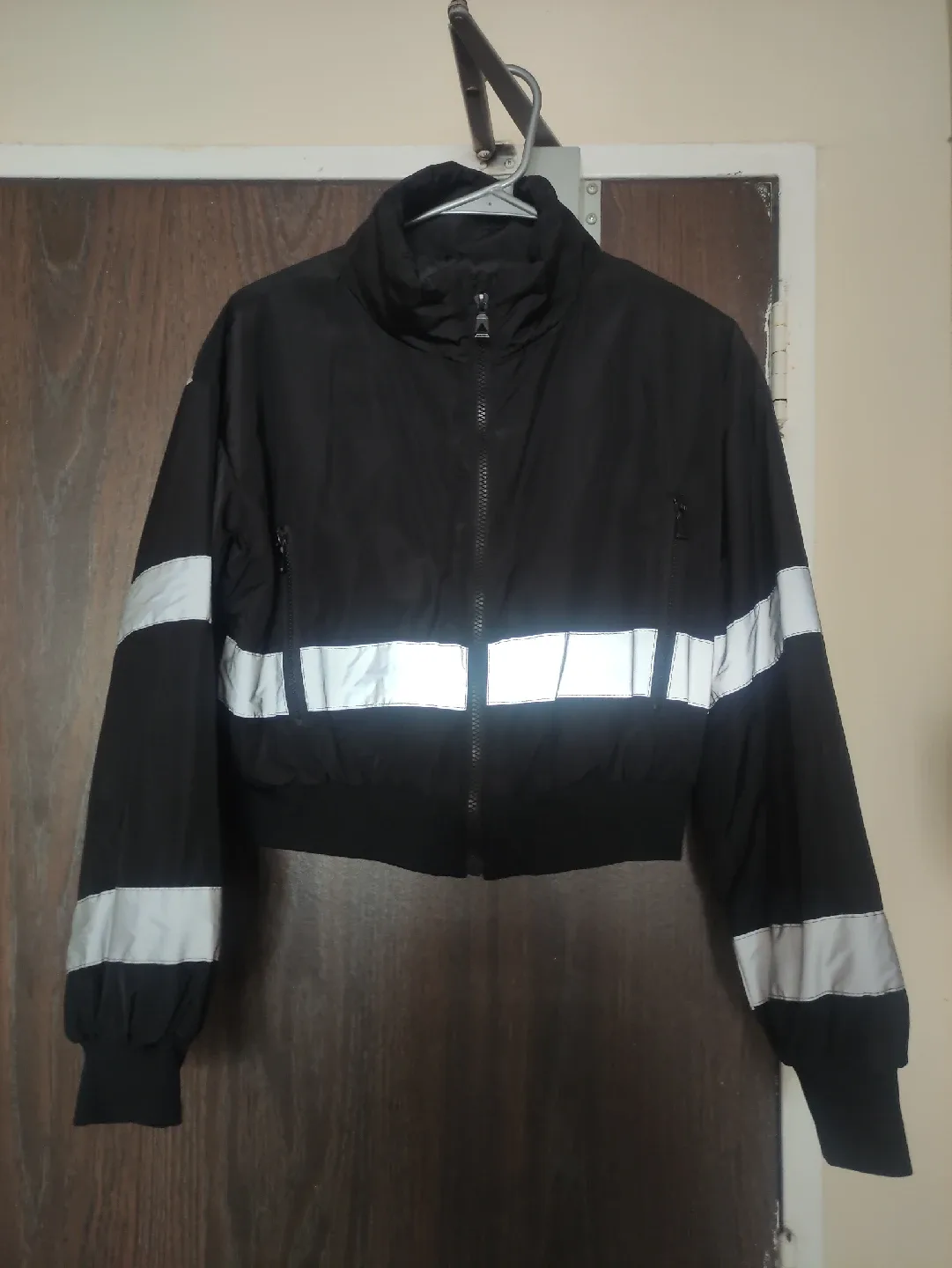 Black Bomber Jacket with Reflective Stripes thumbnail