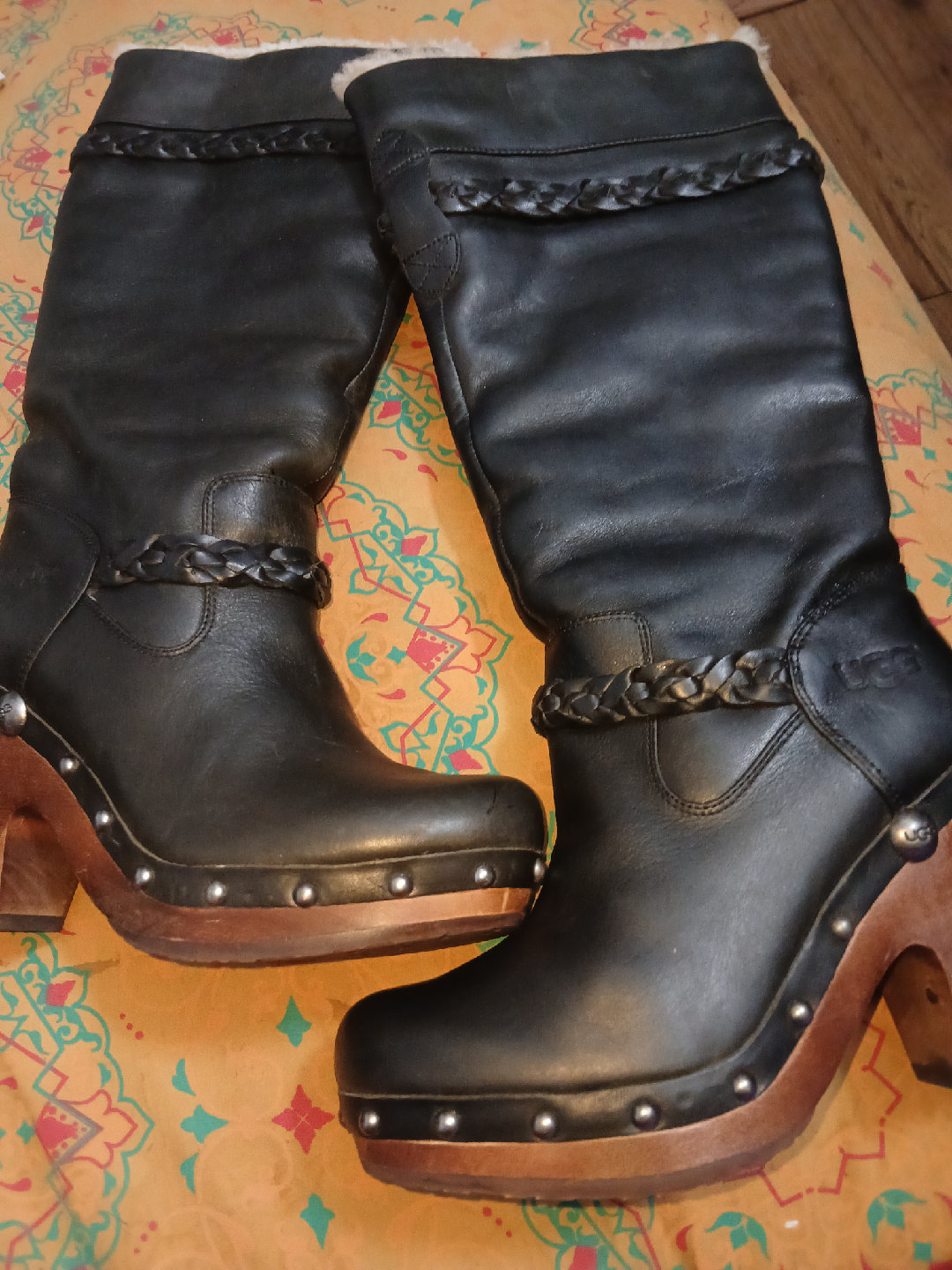 UGG Black Leather Knee High Boots, Size 5