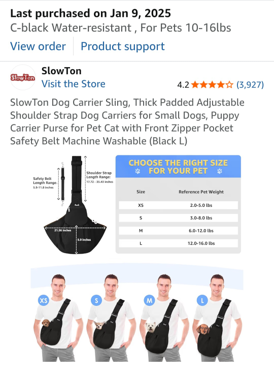 SlowTon Dog Carrier Sling - Black, Size L - photo 3