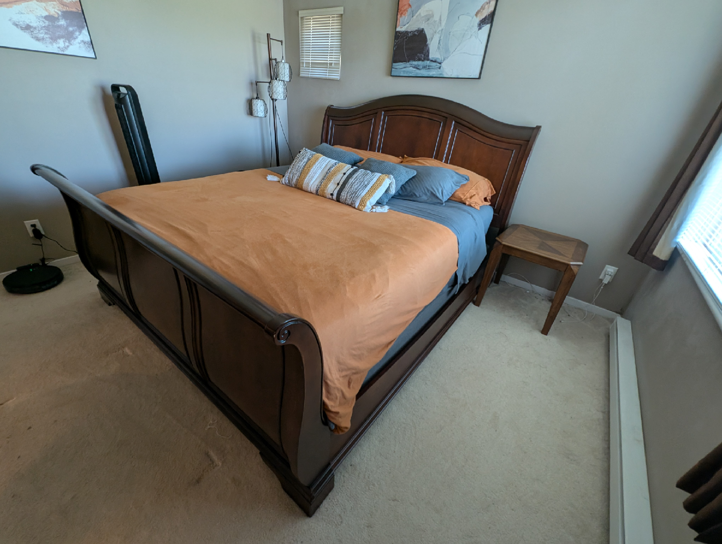 Dark Wood King Size Bed Frame, Mattress and Box Springs