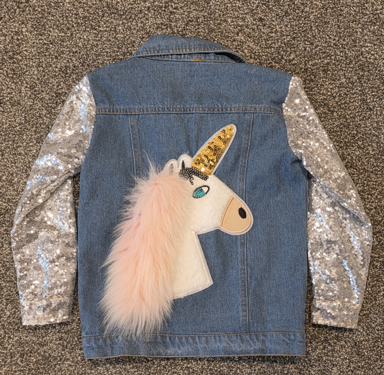 Denim Jacket with Furry Unicorn! sz 6/7