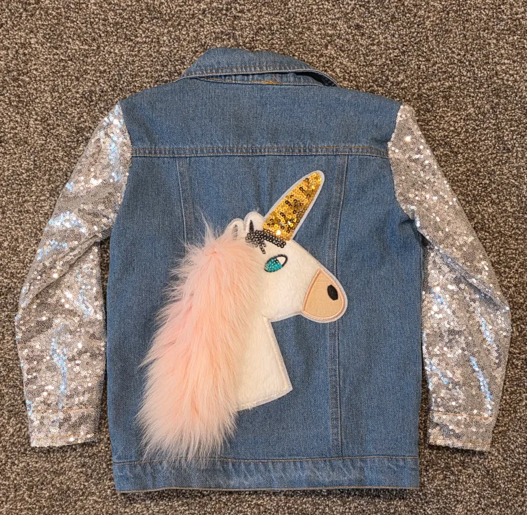 Denim Jacket with Furry Unicorn! sz 6/7 thumbnail