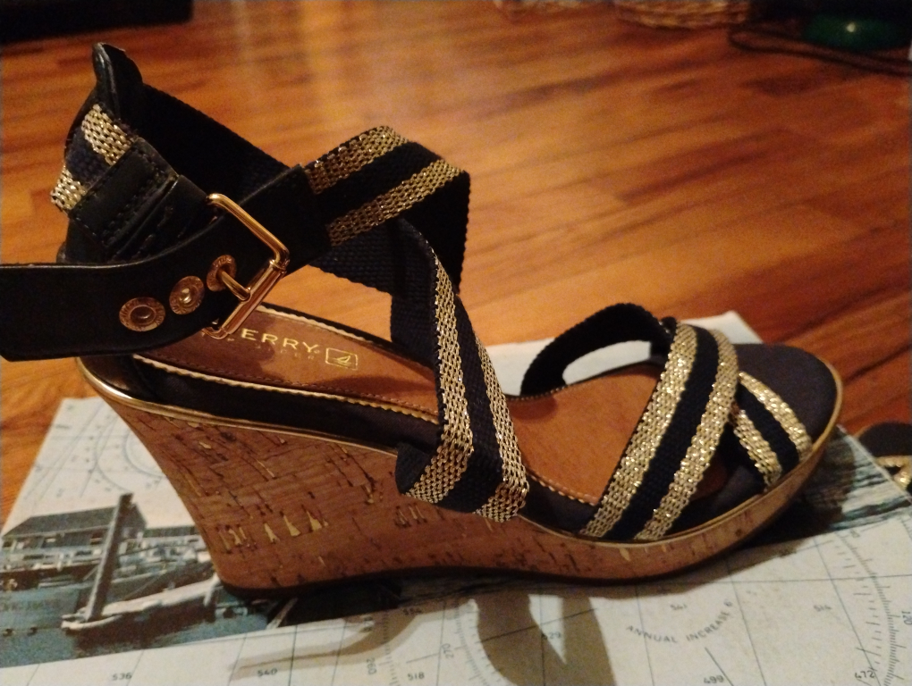 Sperry Navy & Gold Wedge Sandals