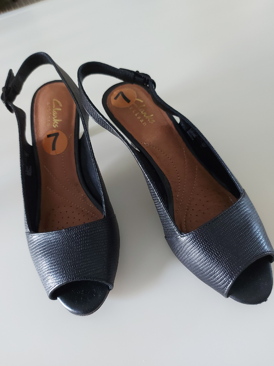 Clarks Black Leather Slingback Heels - Size 7