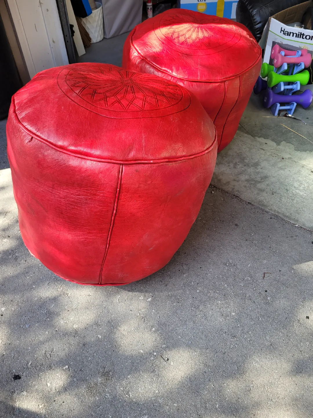 Red Leather Pouf Ottoman - Set of 2 image indicator(2)