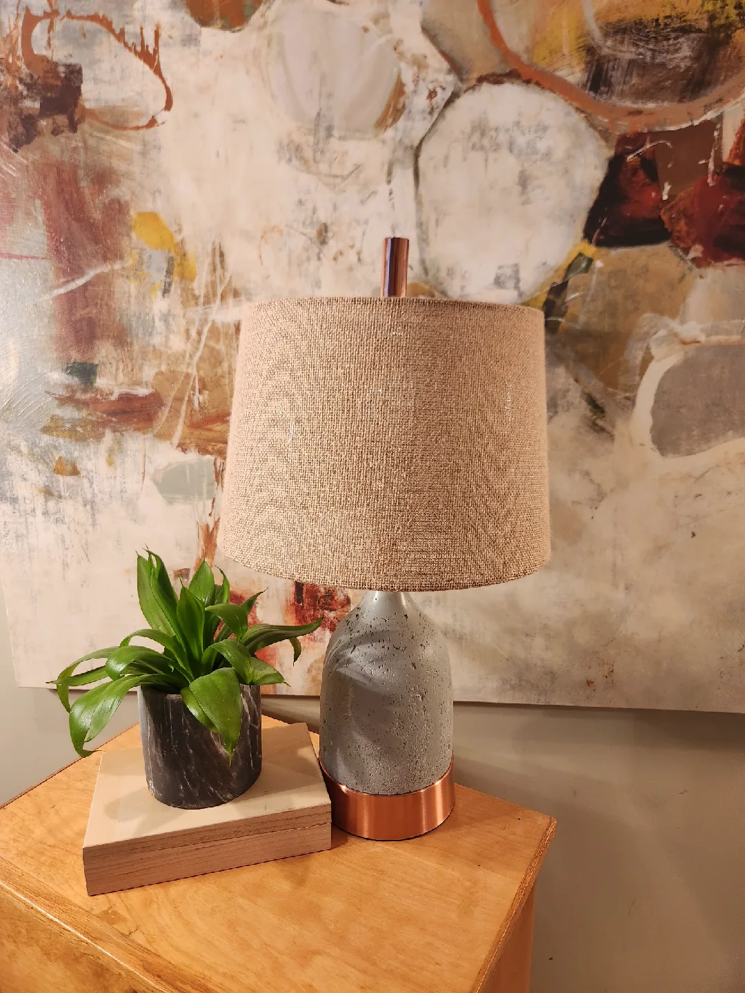 modern minimalist copper and stone. burlap shade lamp image indicator(2)