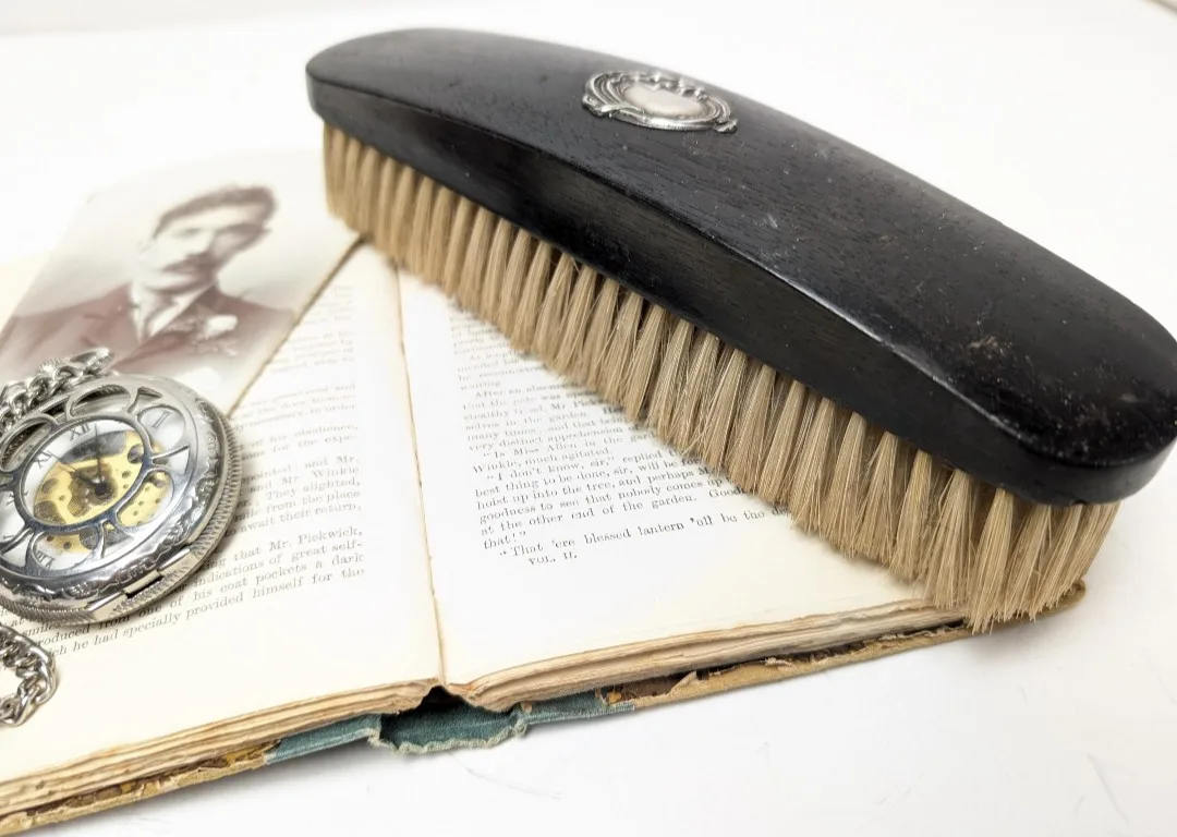 Genuine Ebony Clothes Brush ~ Art Nouveau Sterling Silver Crest image indicator(9)