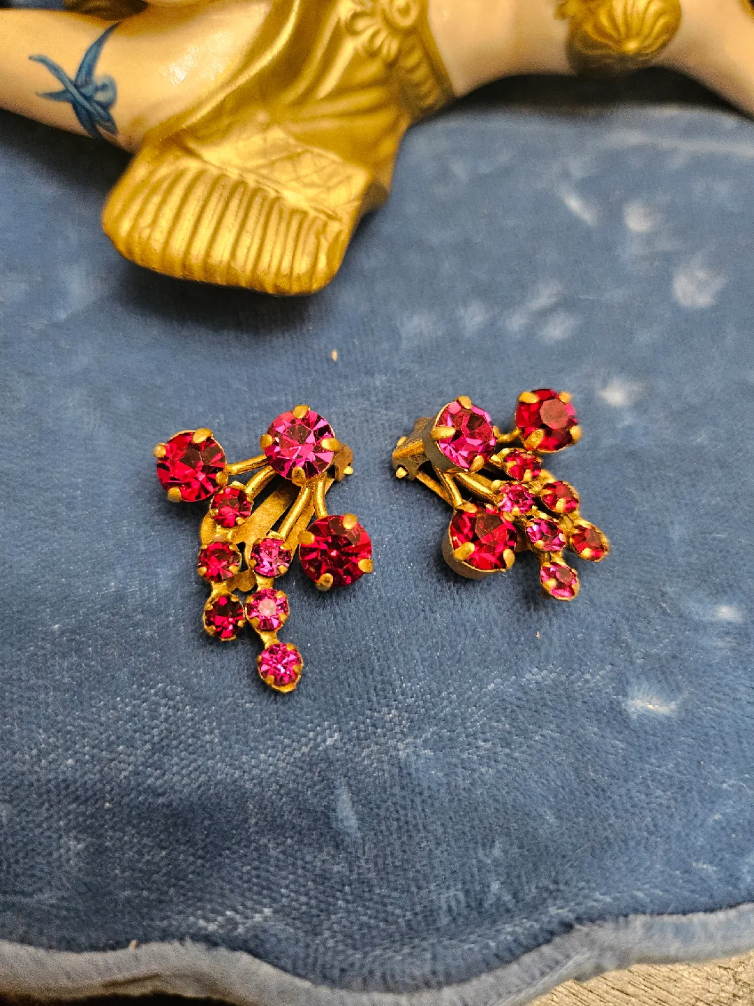 Vintage Made Austria Gold Tone & Red Rhinestone Earrings thumbnail