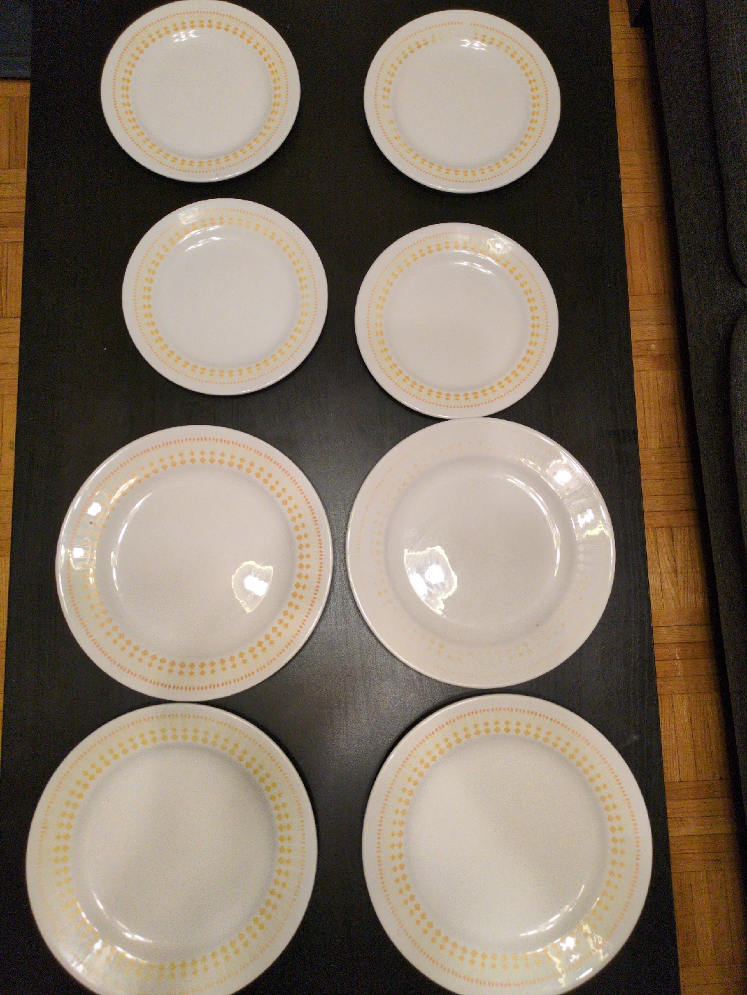 Set of 8 White Dinner and desert Plates with yellow Trim