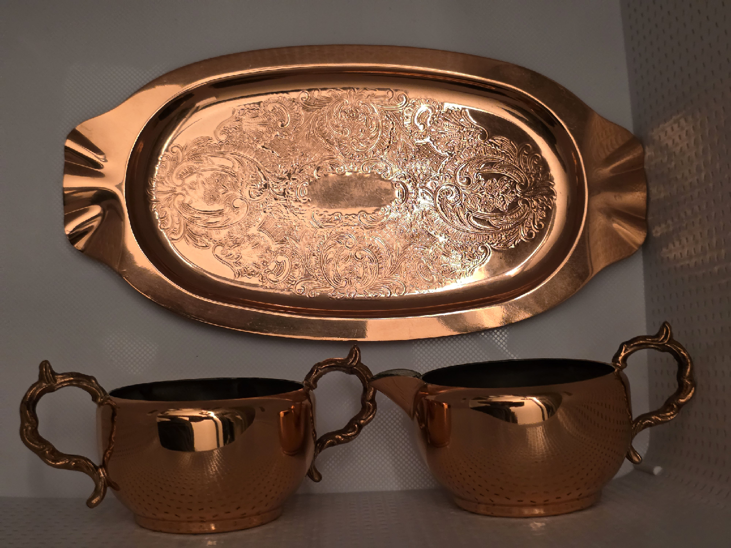 Vintage EP Copper Tray with Sugar and Creamer Set