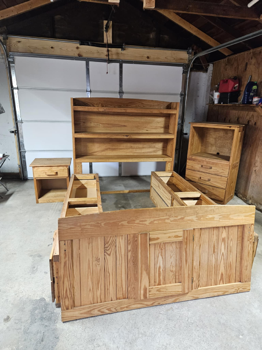 Wooden Bedroom Set - Bed Frame, Nightstands, Bookcase - photo 2