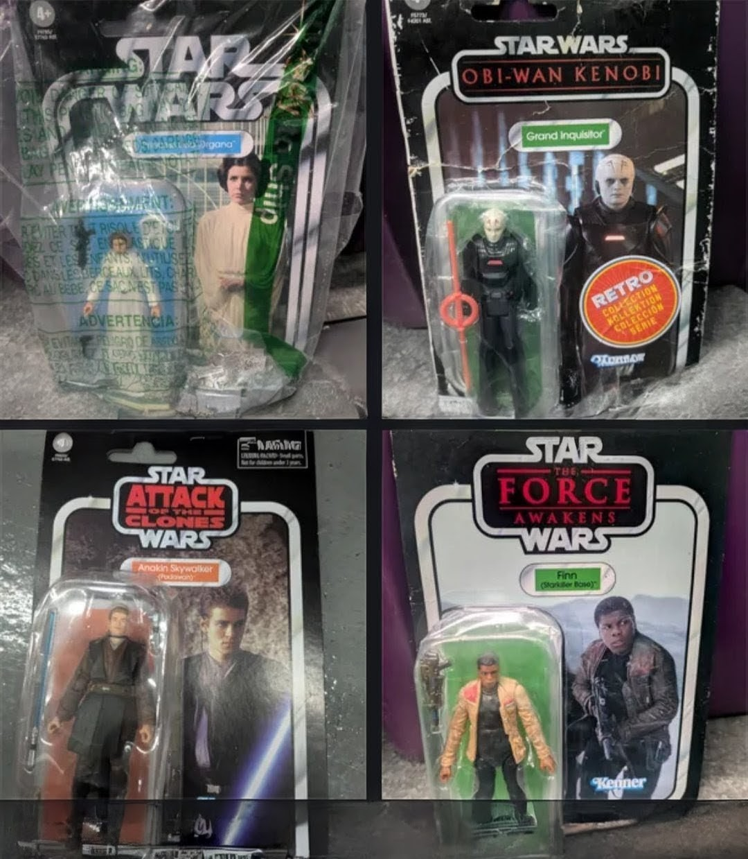 Star Wars Figures: Finn, Anakin, Obi-Wan, Leia