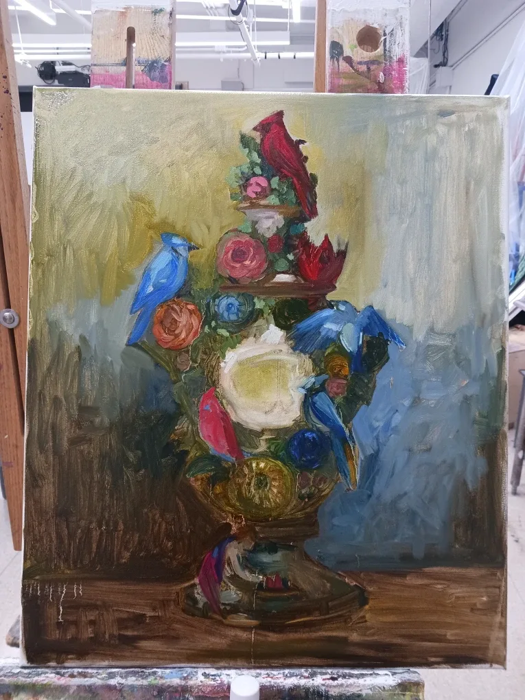 Blue Jay with Cardinal Vase oil painting(on canvas) image indicator(4)