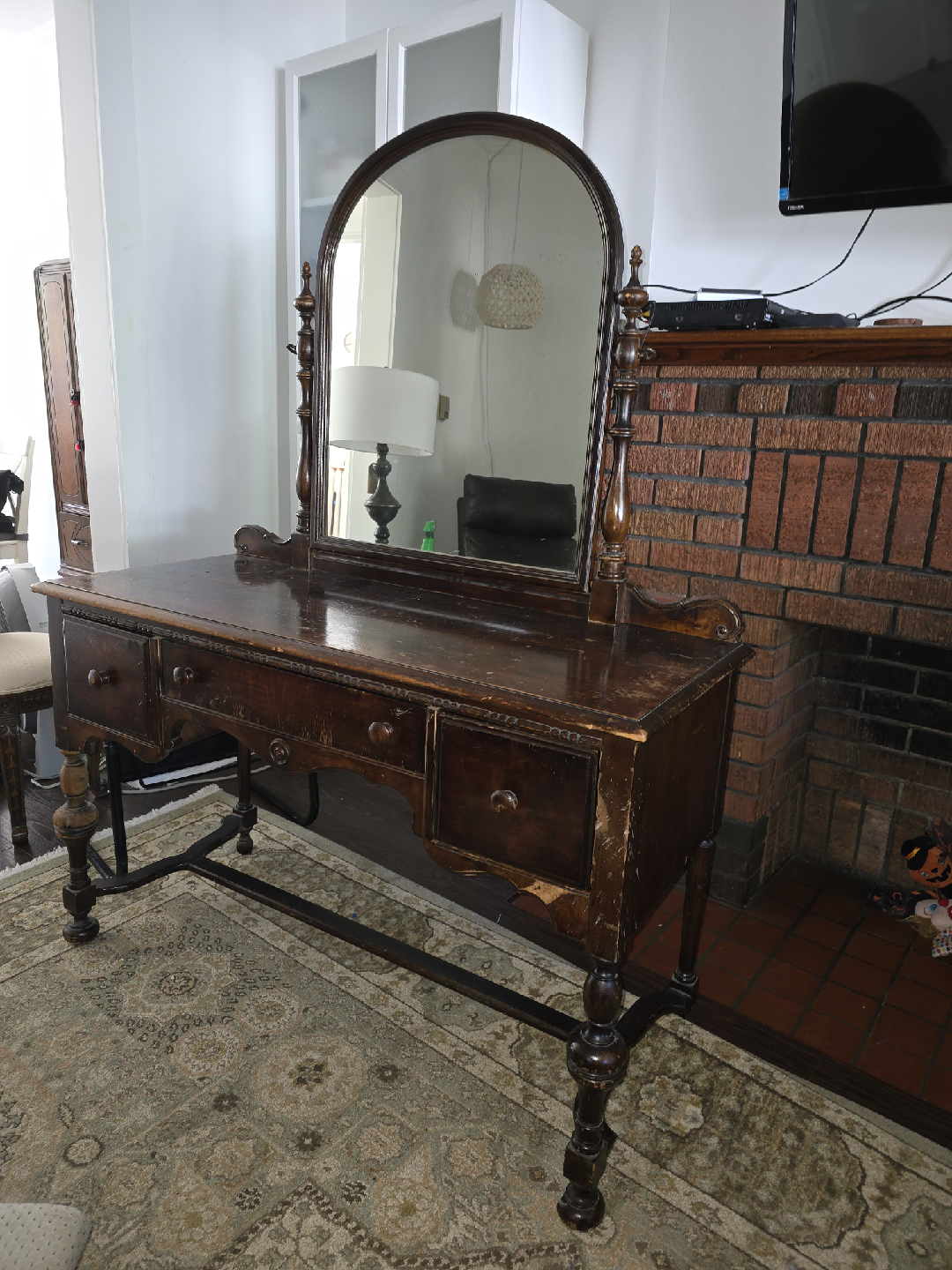 Antique Vanity with Mirror - Dark Wood