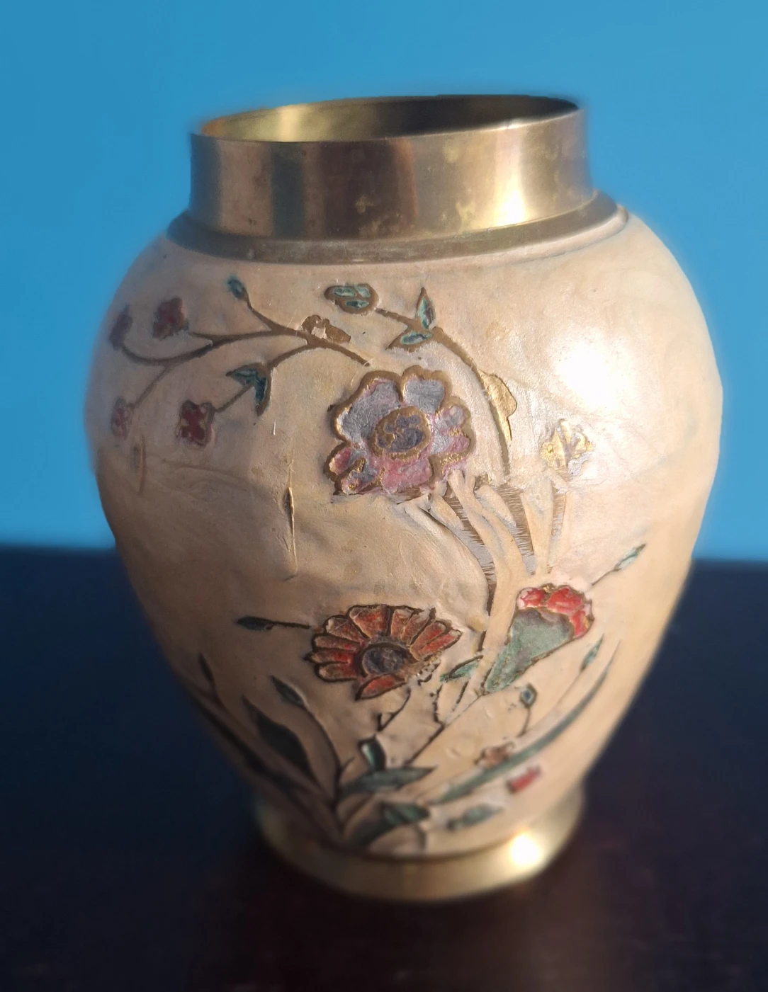 Vintage Brass with enamel  Floral Vase and Plate Set - photo 4
