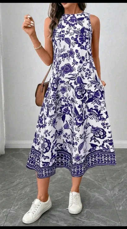 Floral Print Sleeveless Midi Dress thumbnail