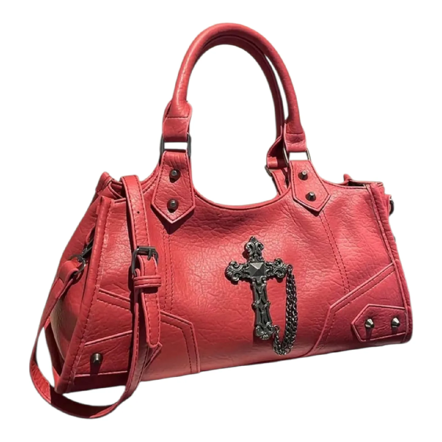 Red Faux Leather Handbag with Cross Detail
