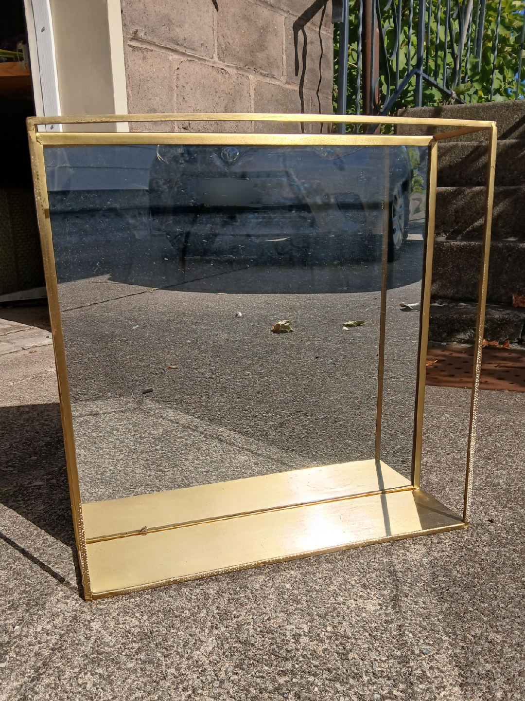 Gold Metal Framed Wall Shelf with Mirror