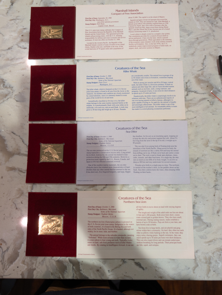 22 KT Gold 1990 USA  Gold Stamp Sets of four