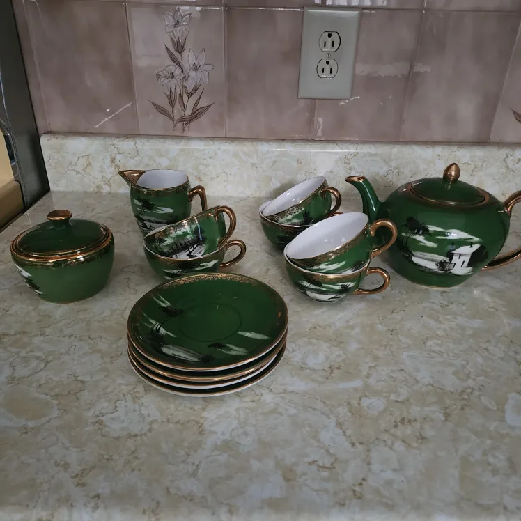 Vintage Green Tea Set with Teapot