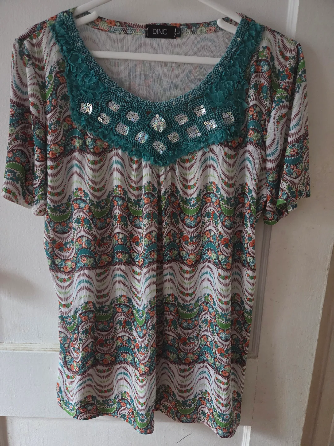 Dino Patterned Top with Teal Lace Detail thumbnail