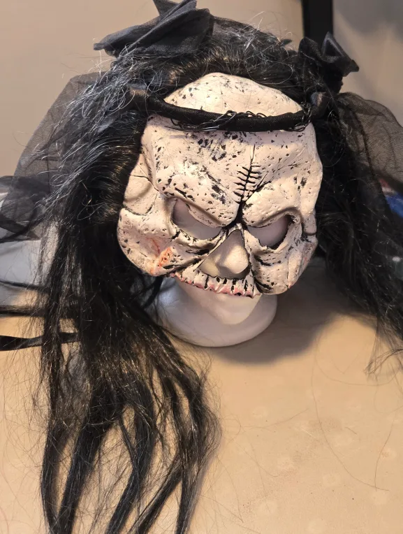 Halloween Skull Mask with Black Hair & Veil thumbnail