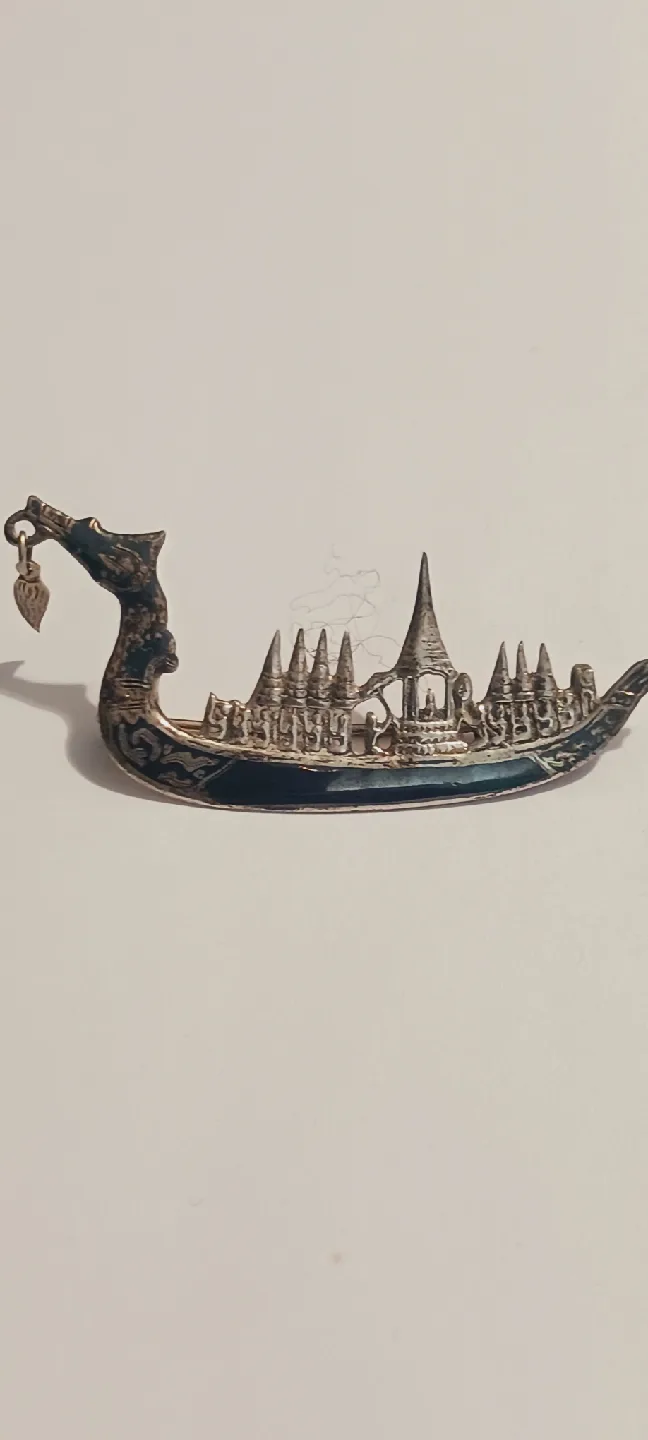 Siam Sterling Silver Niello Dragon Gondola Boat Brooch thumbnail