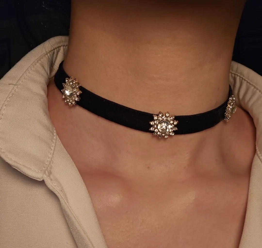 Black Velvet Choker with Rhinestone Sunbursts thumbnail