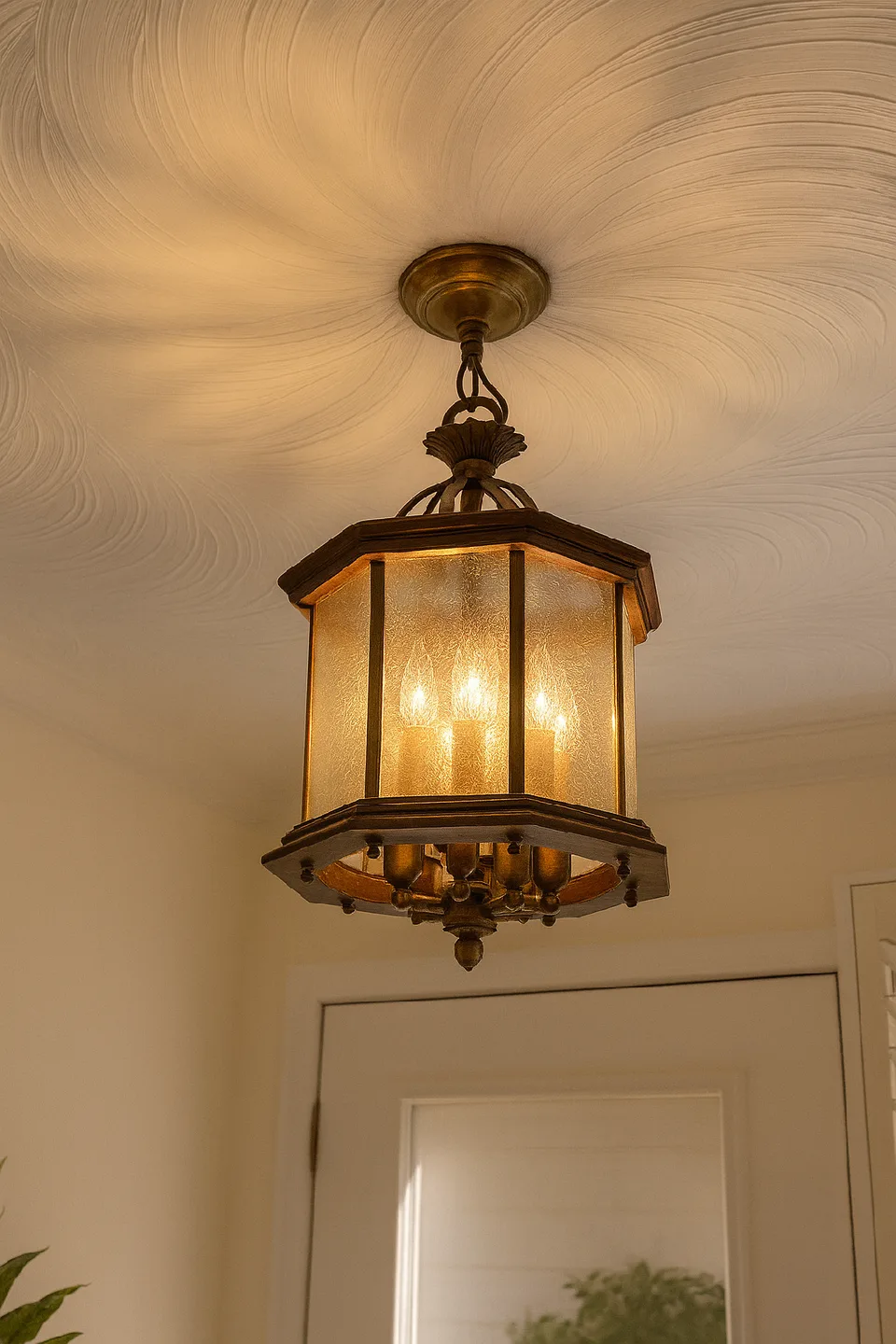 🕯 Vintage 6-Light Brass & Wood Hexagonal Hanging Lantern thumbnail