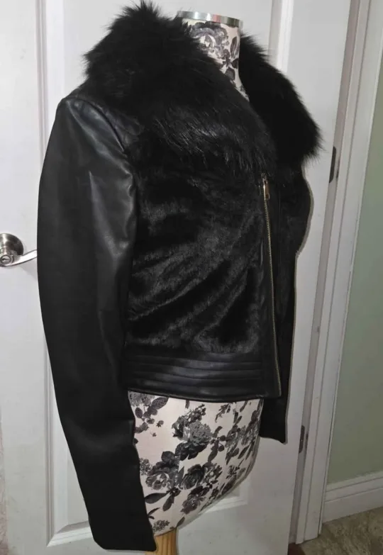 JOLIBEL Black Faux Fur Leather Jacket - Size 6 image indicator(4)