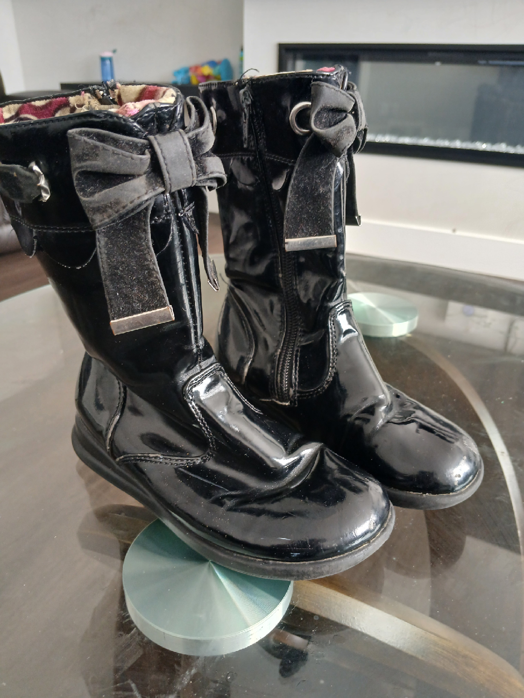 Black Patent Leather Boots with Bow Detail