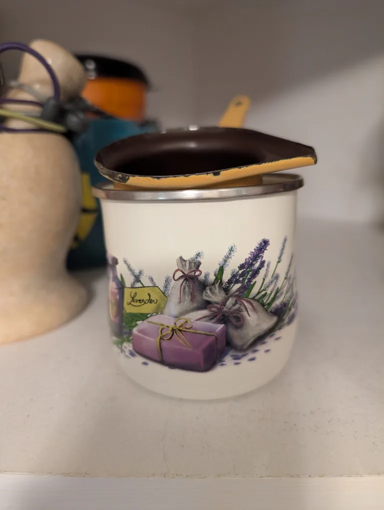 Vintage Lavender Enamelware Pot And Smaller Yellow Pot thumbnail