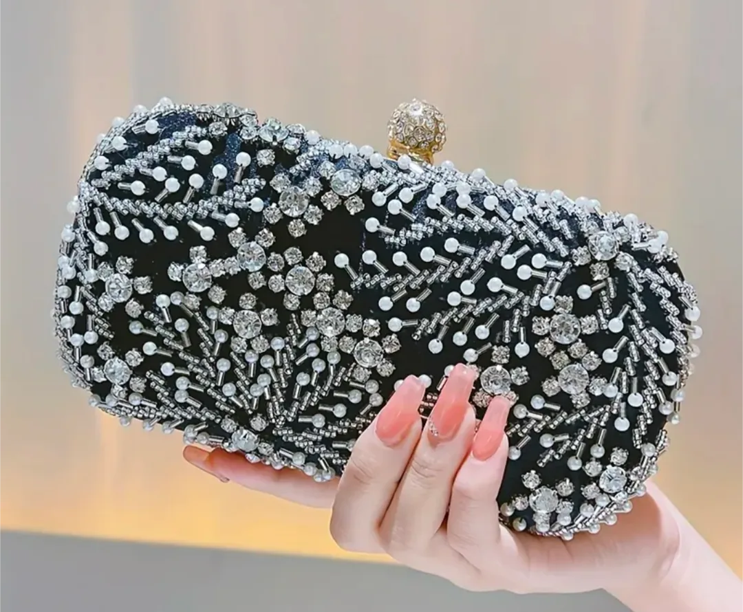 brand new Black Beaded Evening Clutch with Chain image indicator(2)