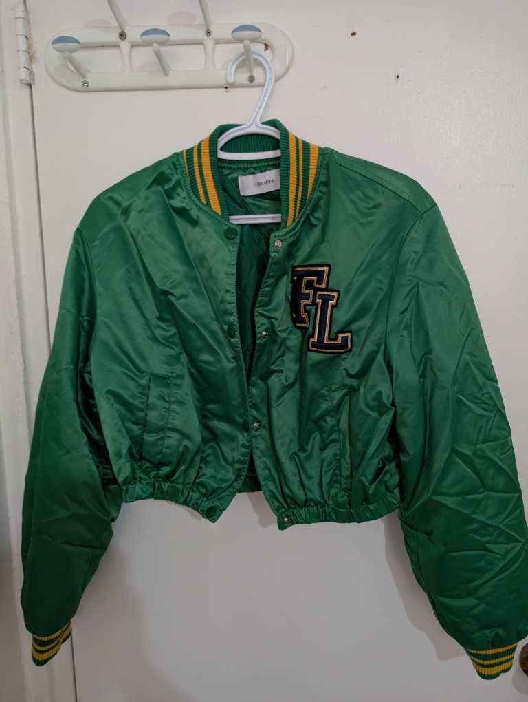 Bershka Green Cropped Varsity Jacket
