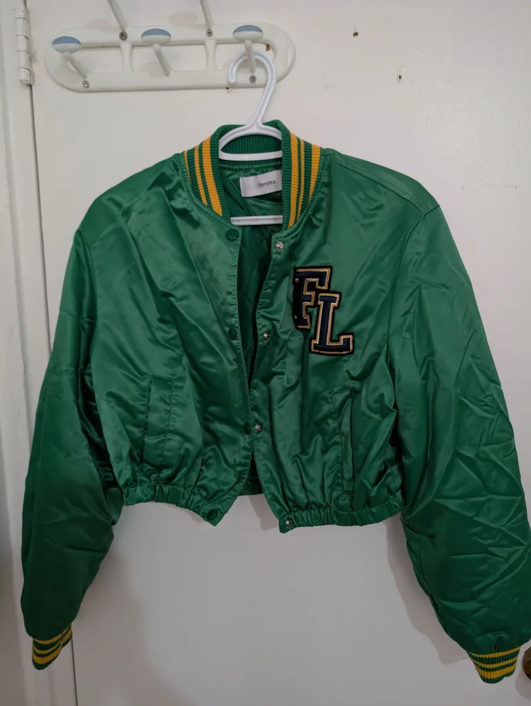 Bershka Green Cropped Varsity Jacket