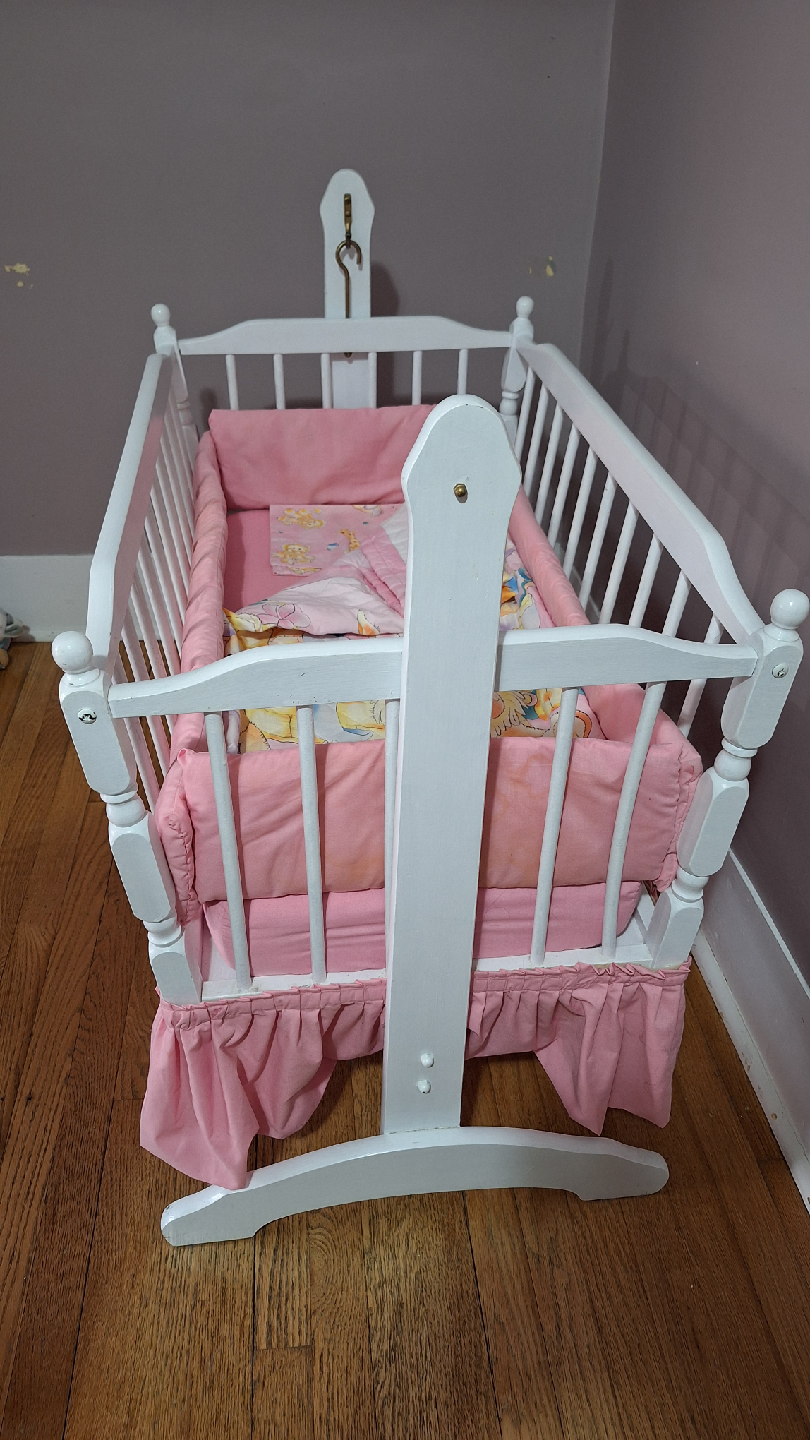 White Baby Cradle with Pink Bedding - photo 4