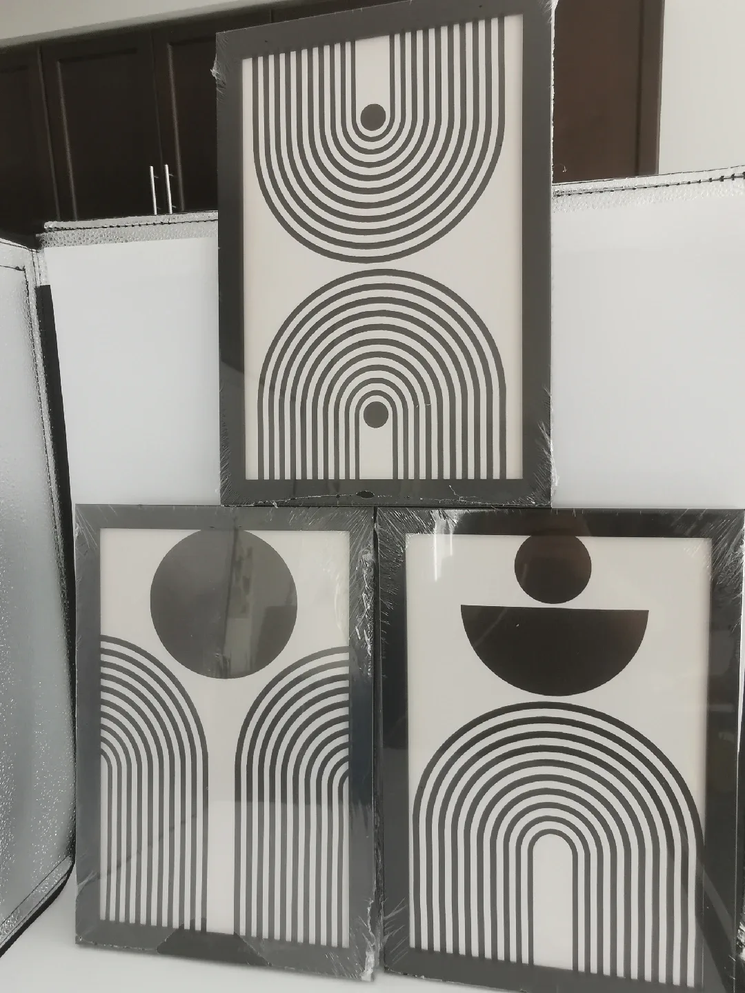 Set of 3 Black Framed Geometric Wall Art - NEW