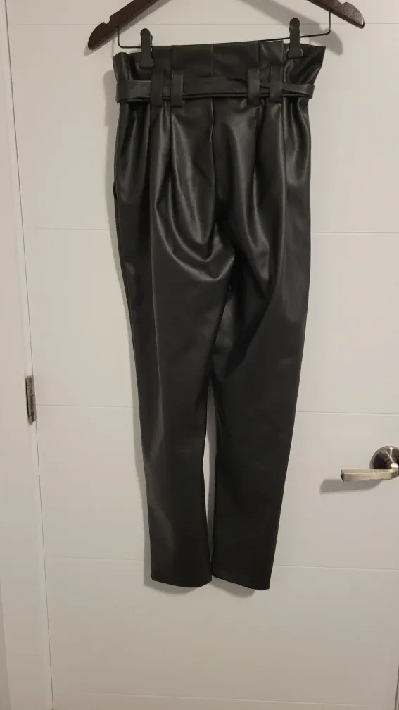 Faux Leather Paperbag Waist Pants - Black image indicator(2)
