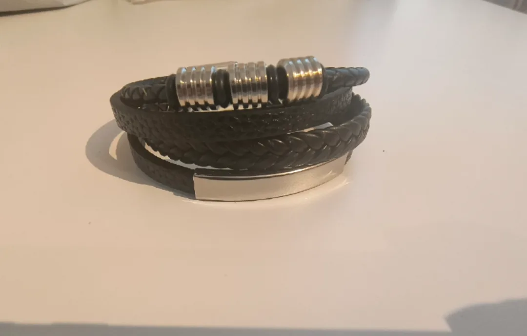 Men's Black Leather & Stainless Steel Bracelet image indicator(2)