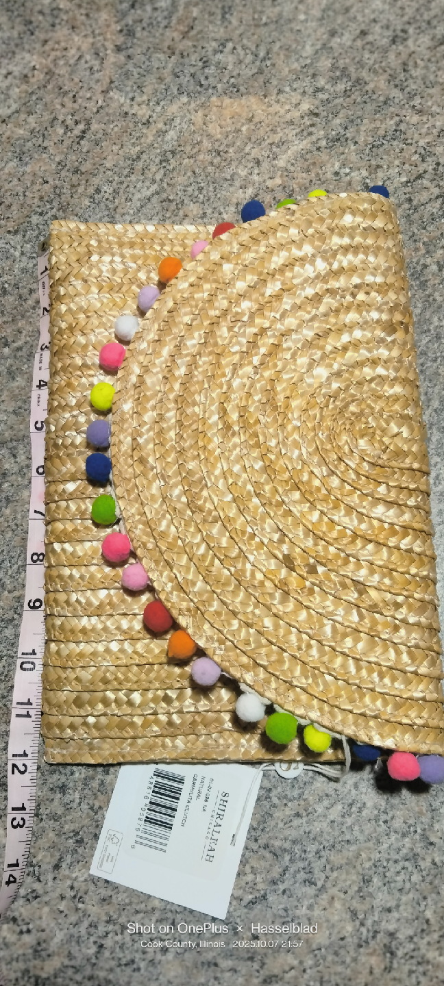 Shiraleah Straw Clutch with Pom Poms