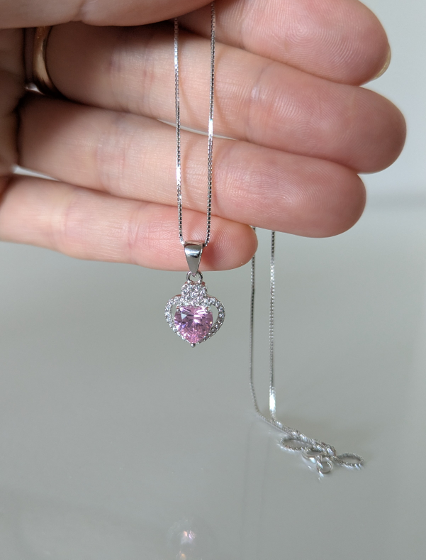 925 Sterling Silver Tiny Heart& Cubic Zirconia Pendant Necklace