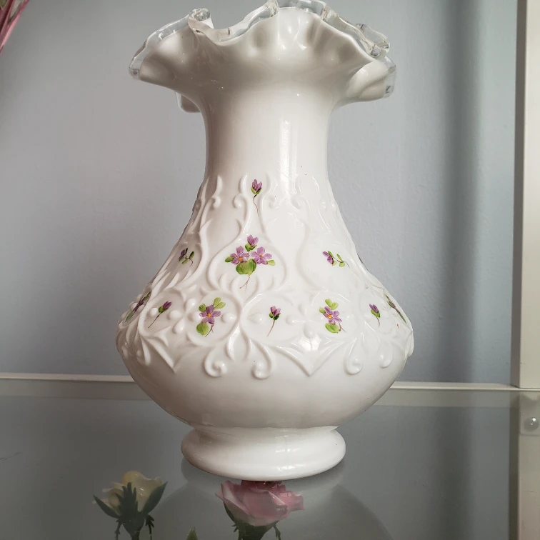 Fenton Handmade White Vase with Floral Design
