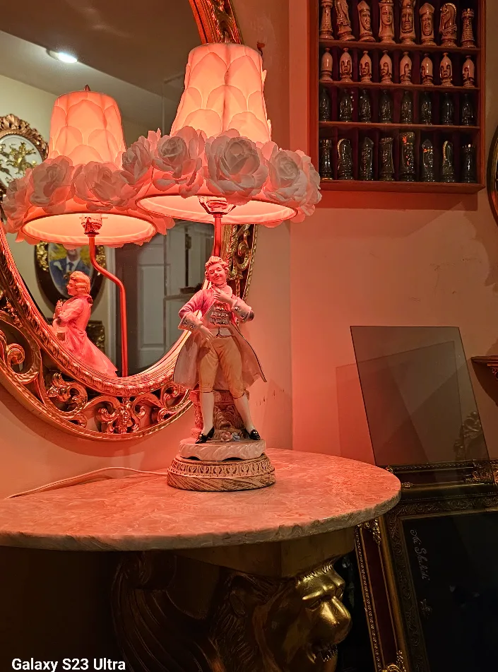 Vintage Porcelain Figurine Lamp with Rose Shade thumbnail